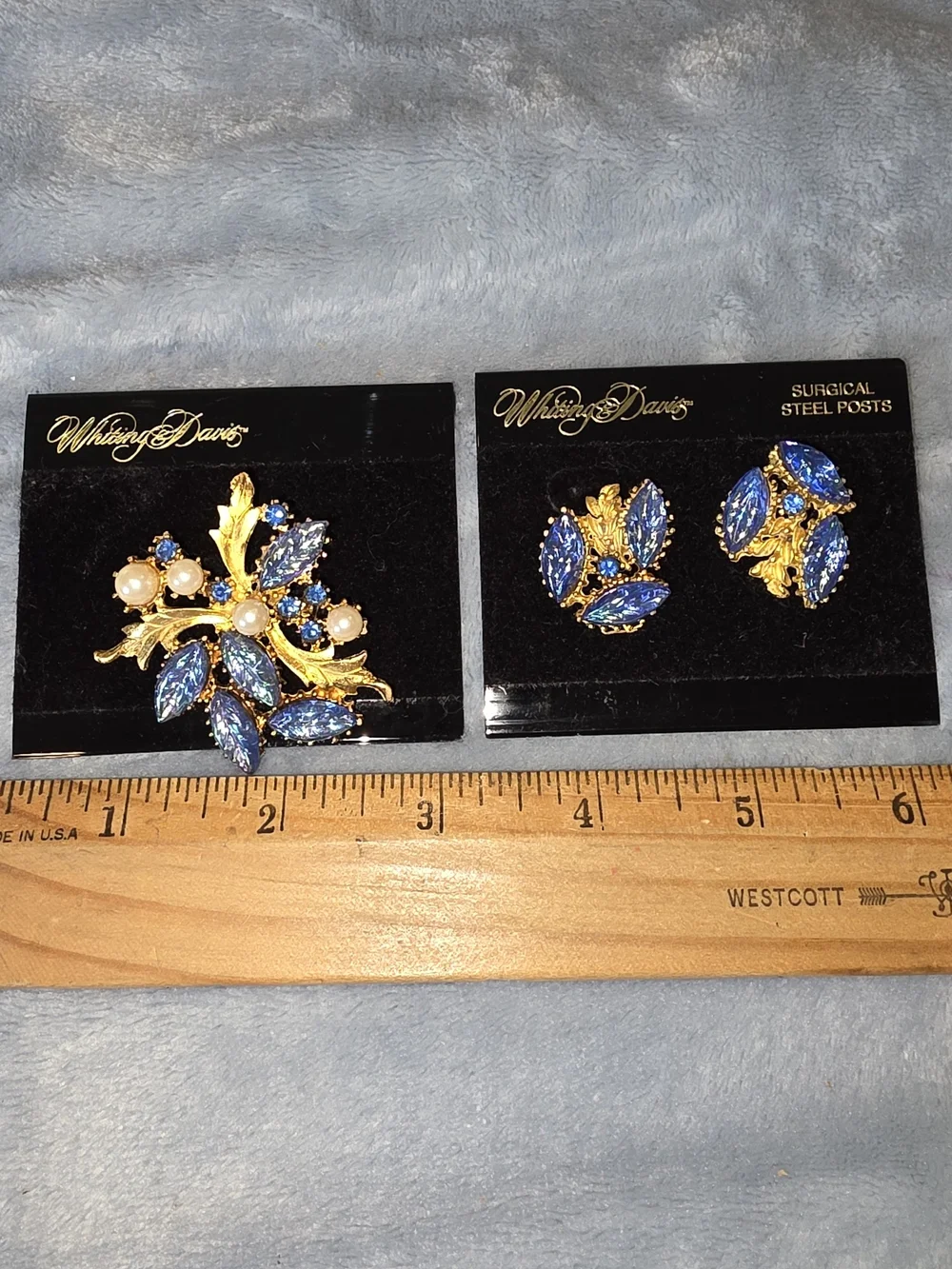 Whiting & Davis Blue Crystal and Gold Leaf Brooch with Matching Earrings